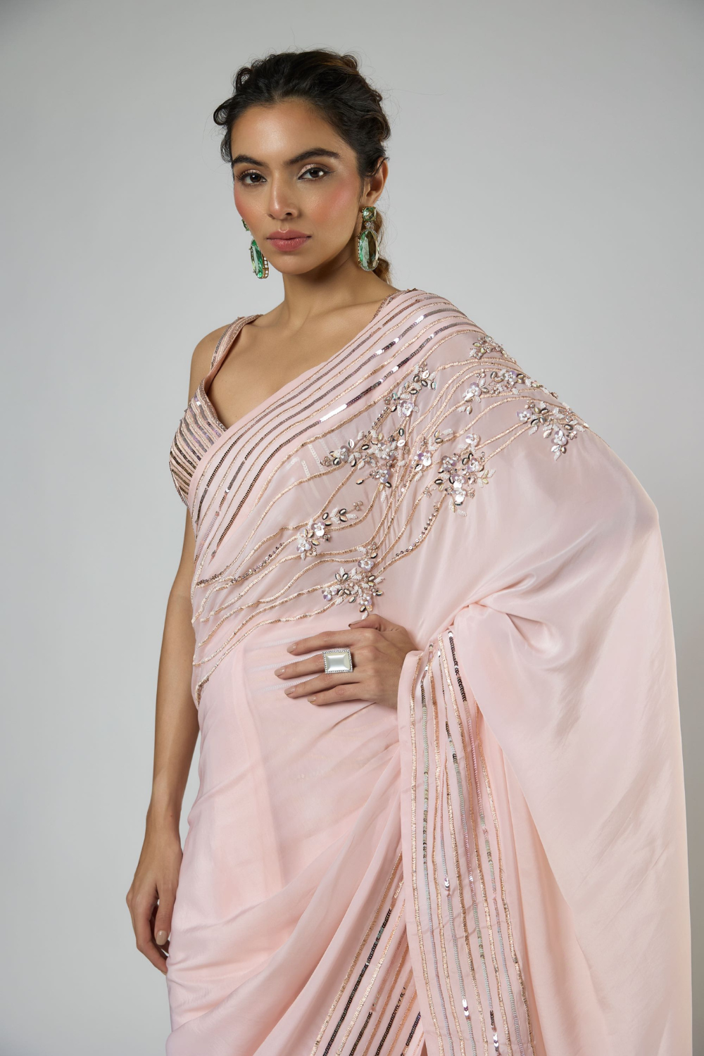 PEACHY PINK INTRICATE FLORAL EMBROIDERED SAREE WITH CORSET BLOUSE
