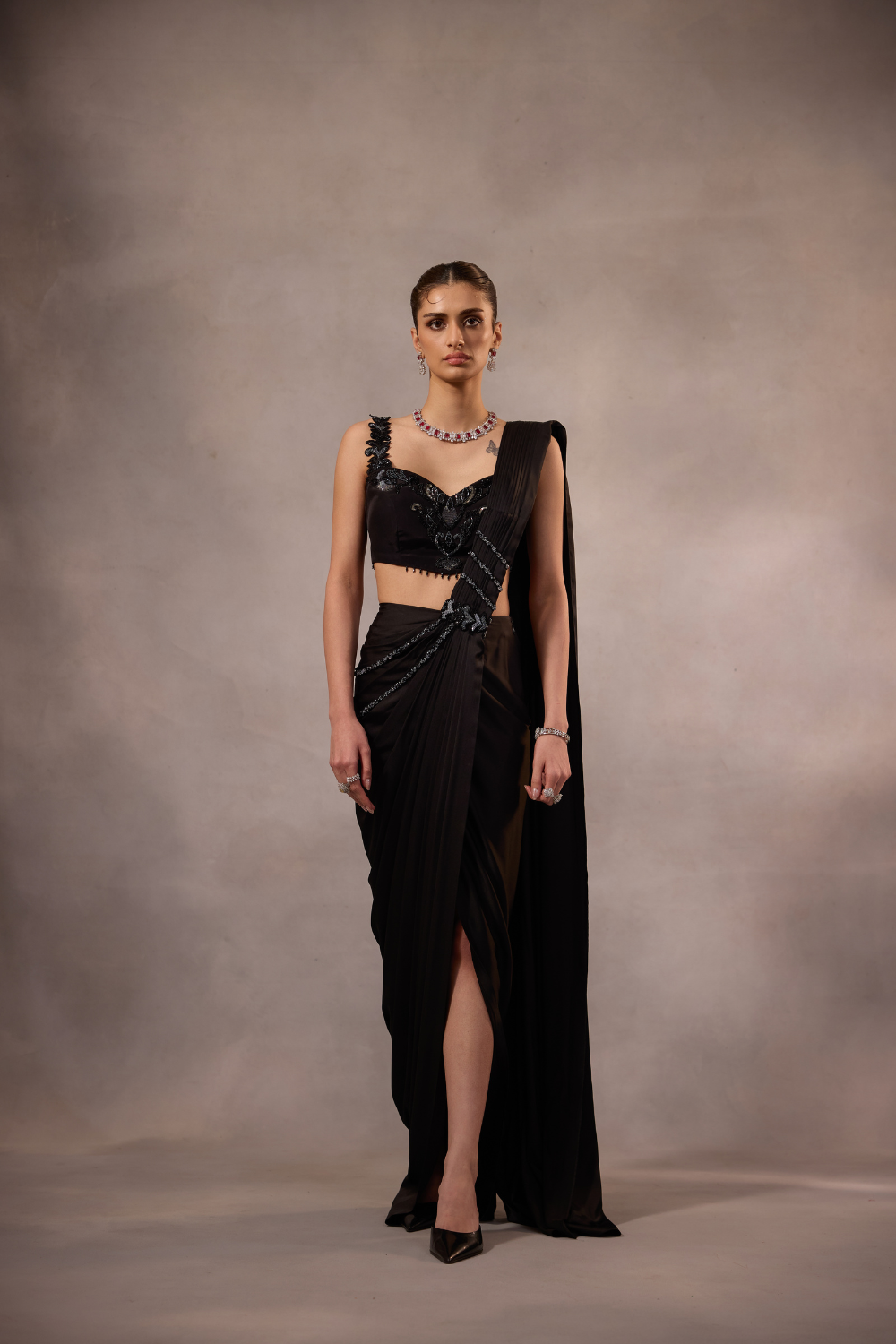 Black Embroidered Blouse with Drape Saree