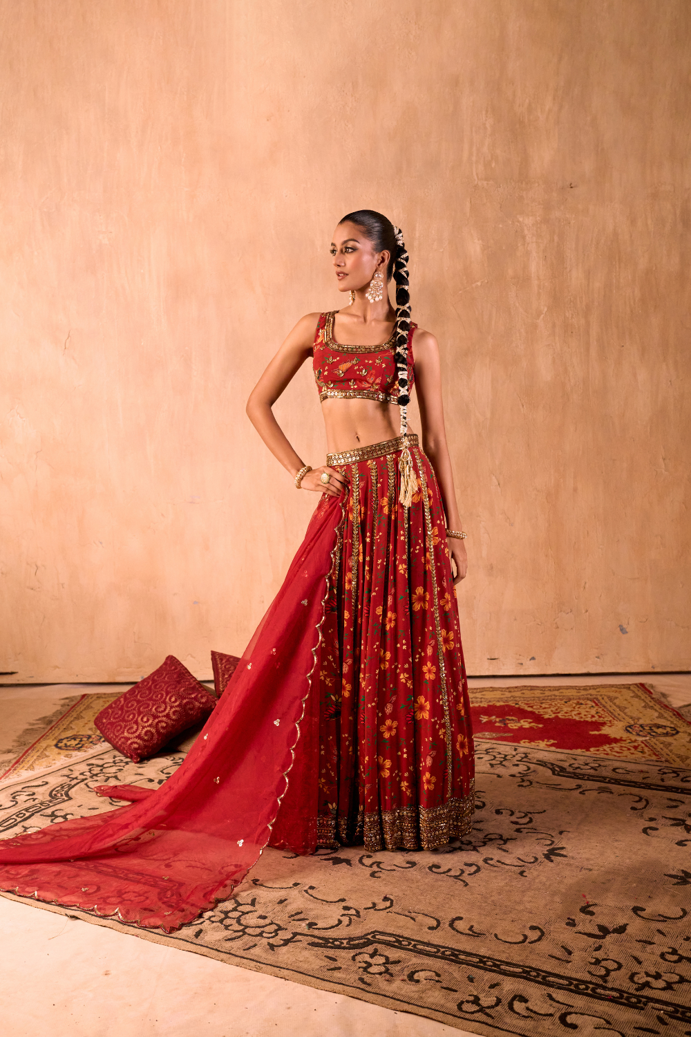RED PRINT EMBROIDERED CHOLI, LEHENGA AND DUPATTA SET