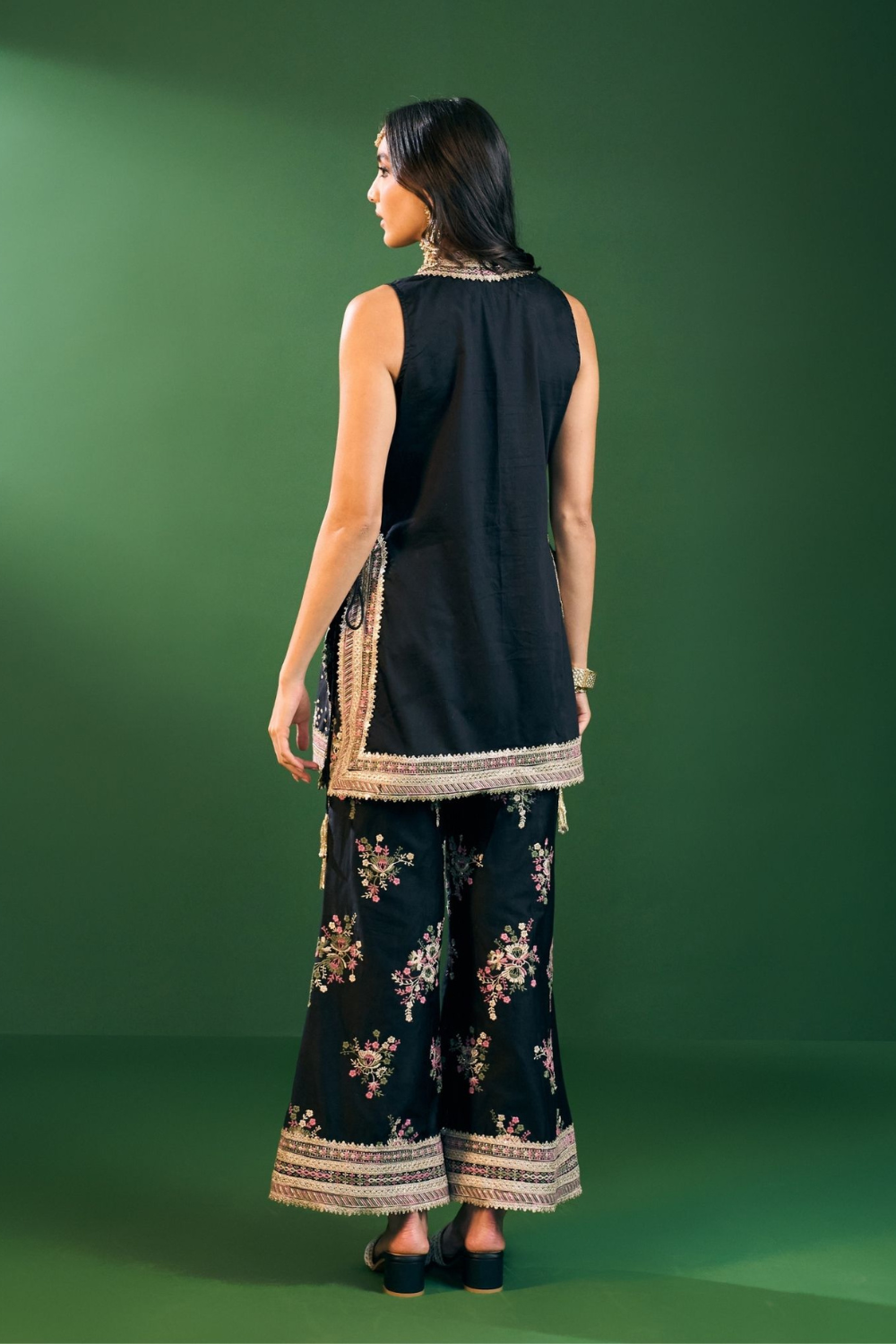 Lami Pima Satin Black Kurta With Flared Bell-Bottom Pants