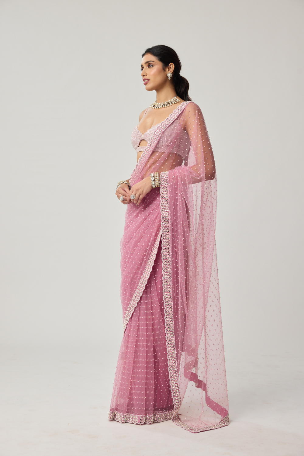 Onion Pink Pearl Scattered Net saree set