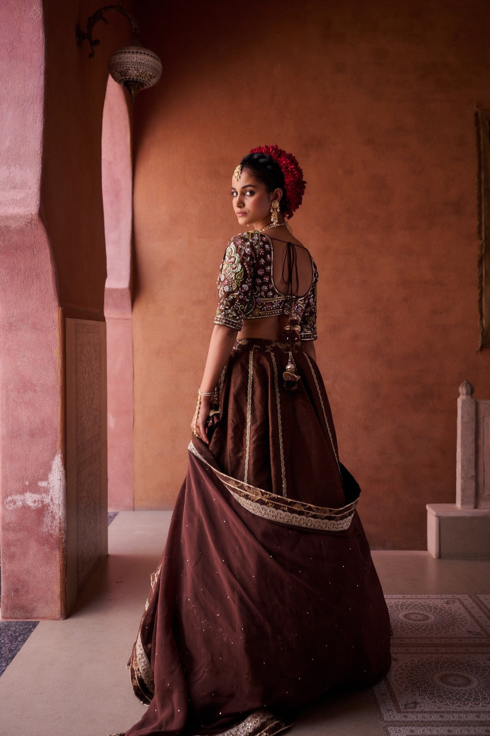 Brown upada silk blouse, lehenga and organza dupatta