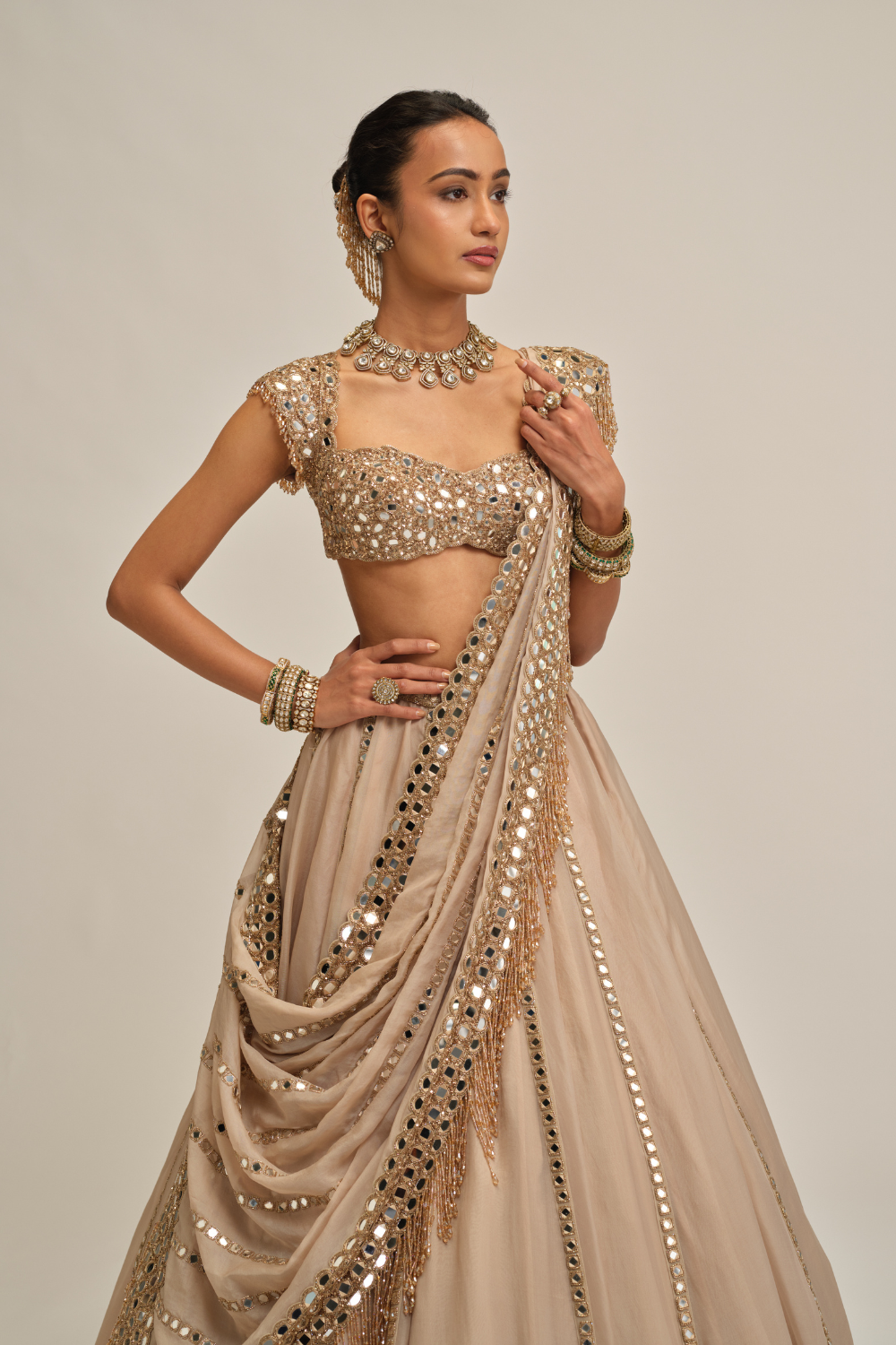 Light Beige Mirror Linear Embroidered Lehenga Set