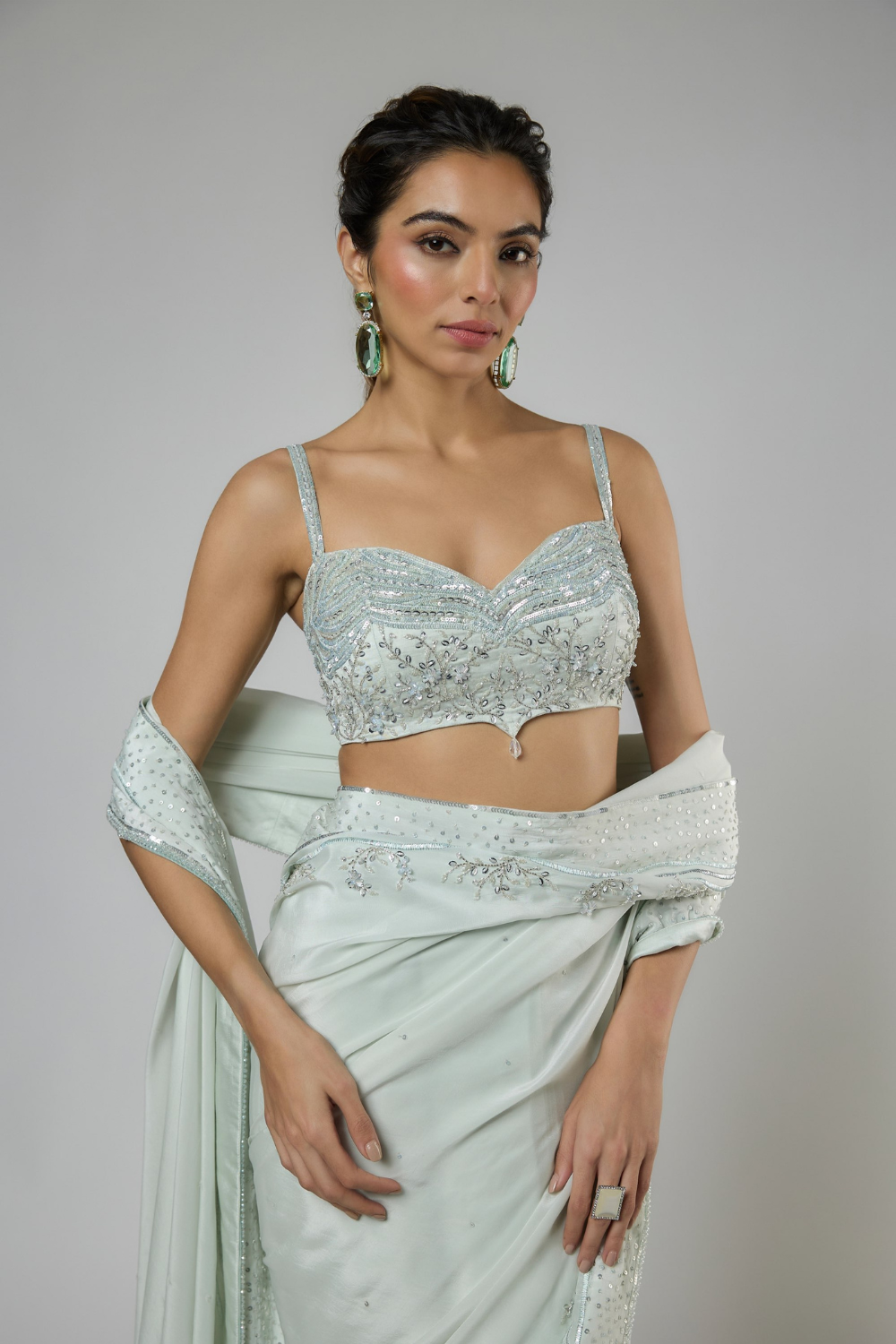LIGHT MINT INTRICATE EMBROIDERED SAREE SET