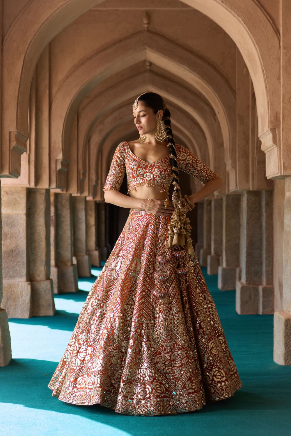 TEJ — Rust Orange Organza Lehenga Set