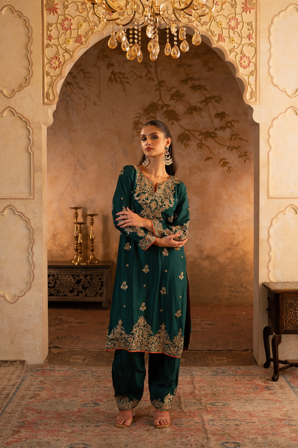 Bottle Green Silk Suit Set