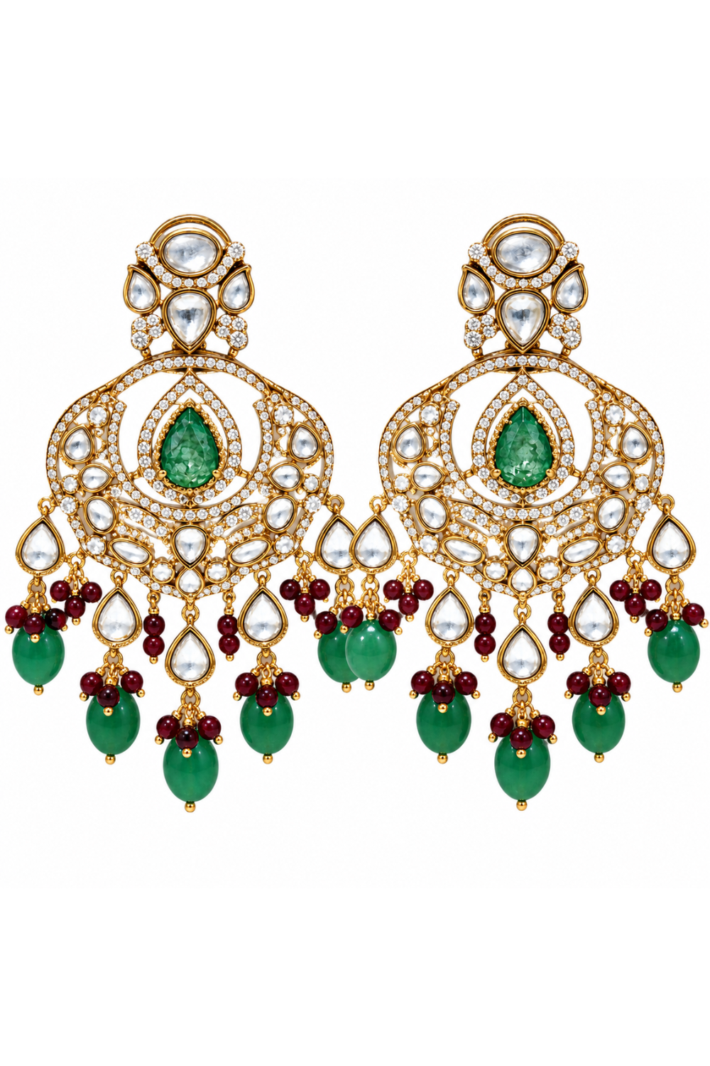 Emerald Green Semi-Precious Stone Kundan Long Necklace Set with Maang Tikka