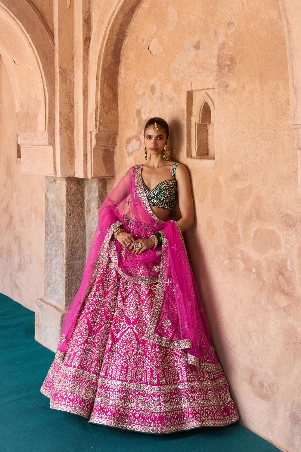 JYOT — Fuchsia Pink Raw Silk Lehenga Set with Contrast Blouse