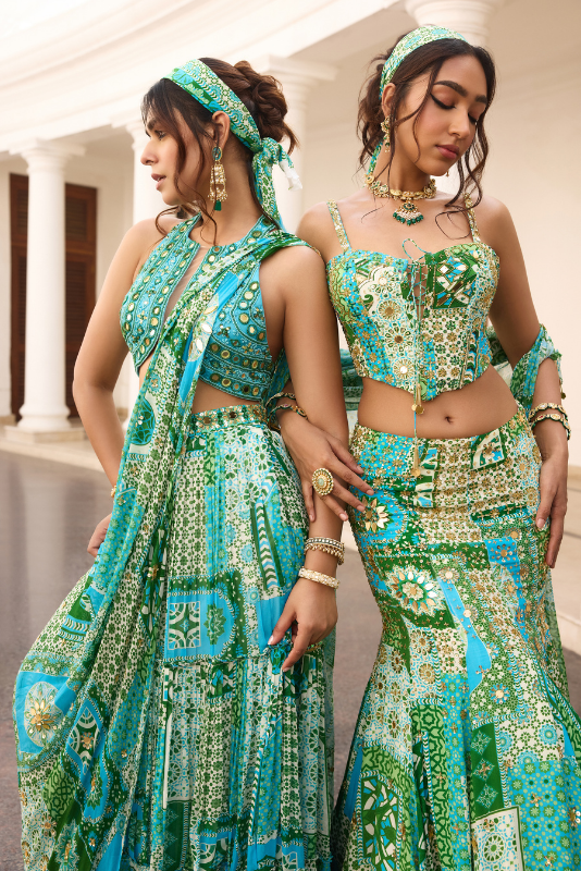 AQUA PRINT AND HIGHLIGHTED CORSET MERMAID SKIRT SET