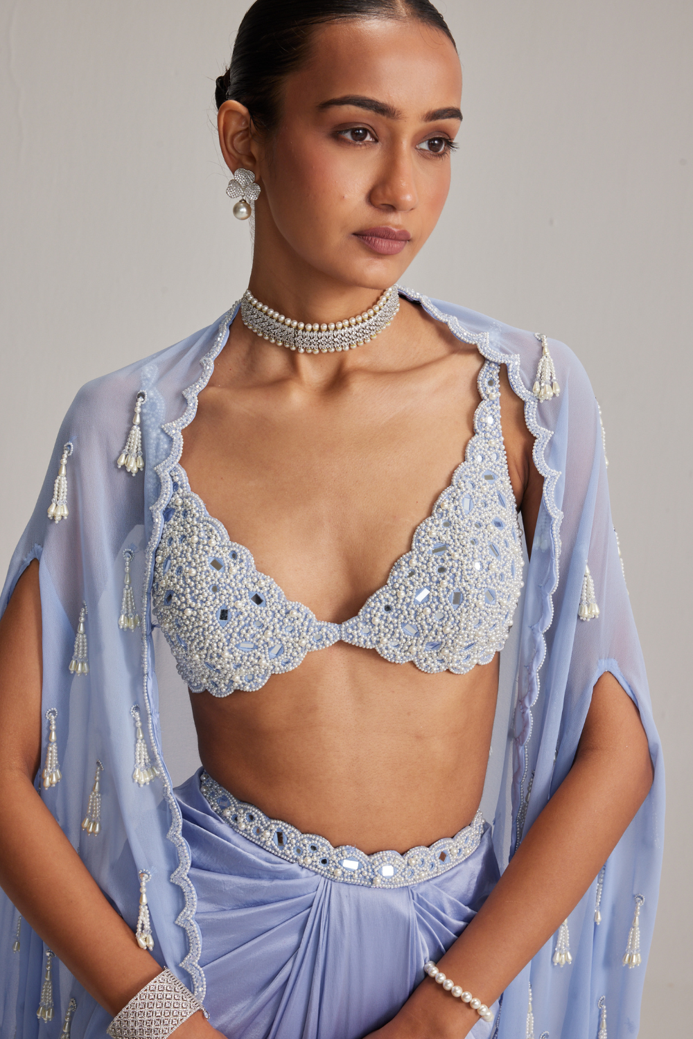 Dew Blue Cape And Satin draped skirt Set