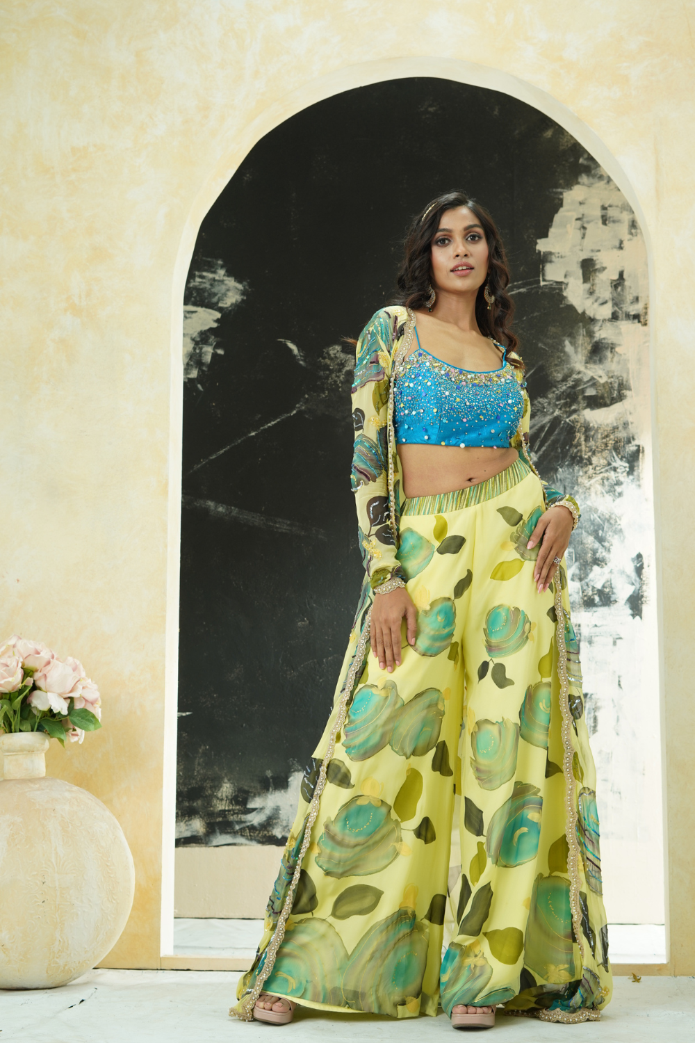 Lime Yellow hand painted palazzo and jacket set