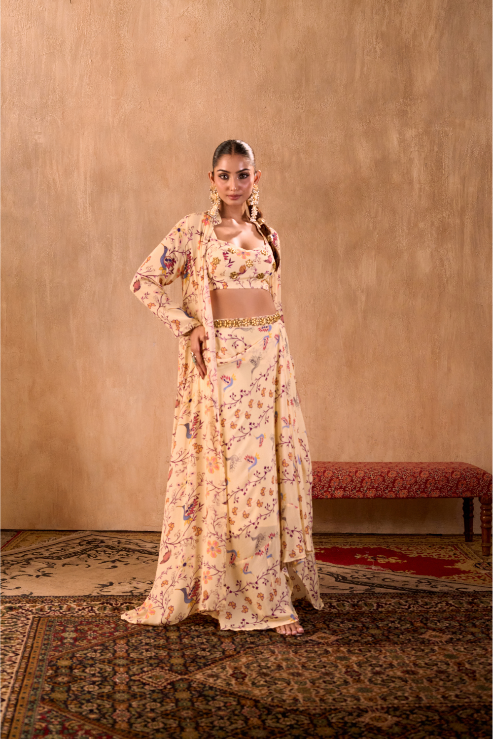 IVORY PRINT EMBROIDERED CHOLI, DRAPED SKIRT AND JACKET SET