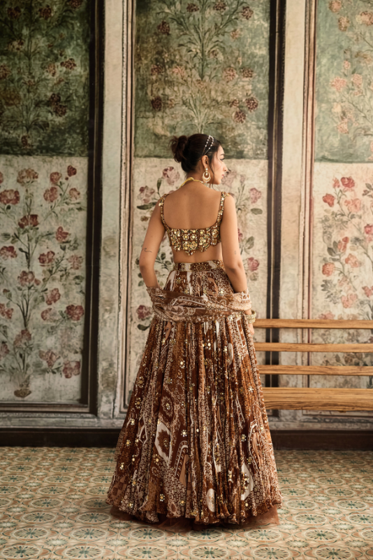 CARAMEL PRINT AND HIGHLIGHTED SCALLOP BLOUSE LEHENGA  SET