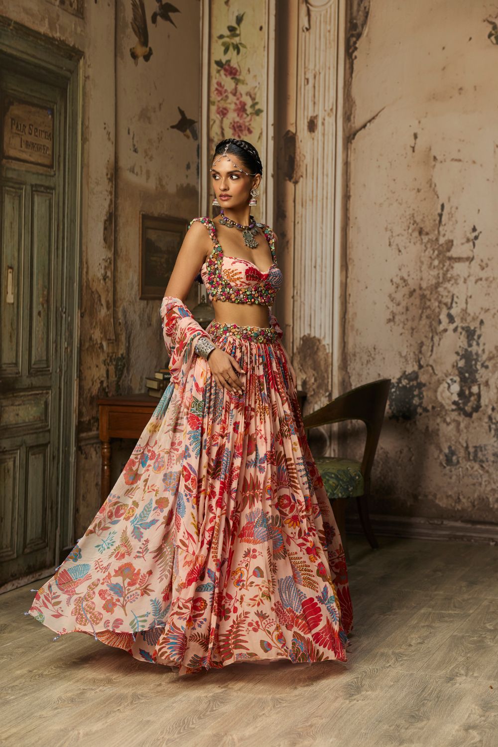 BLUSH PINK STONE EMBROIDERED BLOUSE WITH PRINTED LEHENGA SET