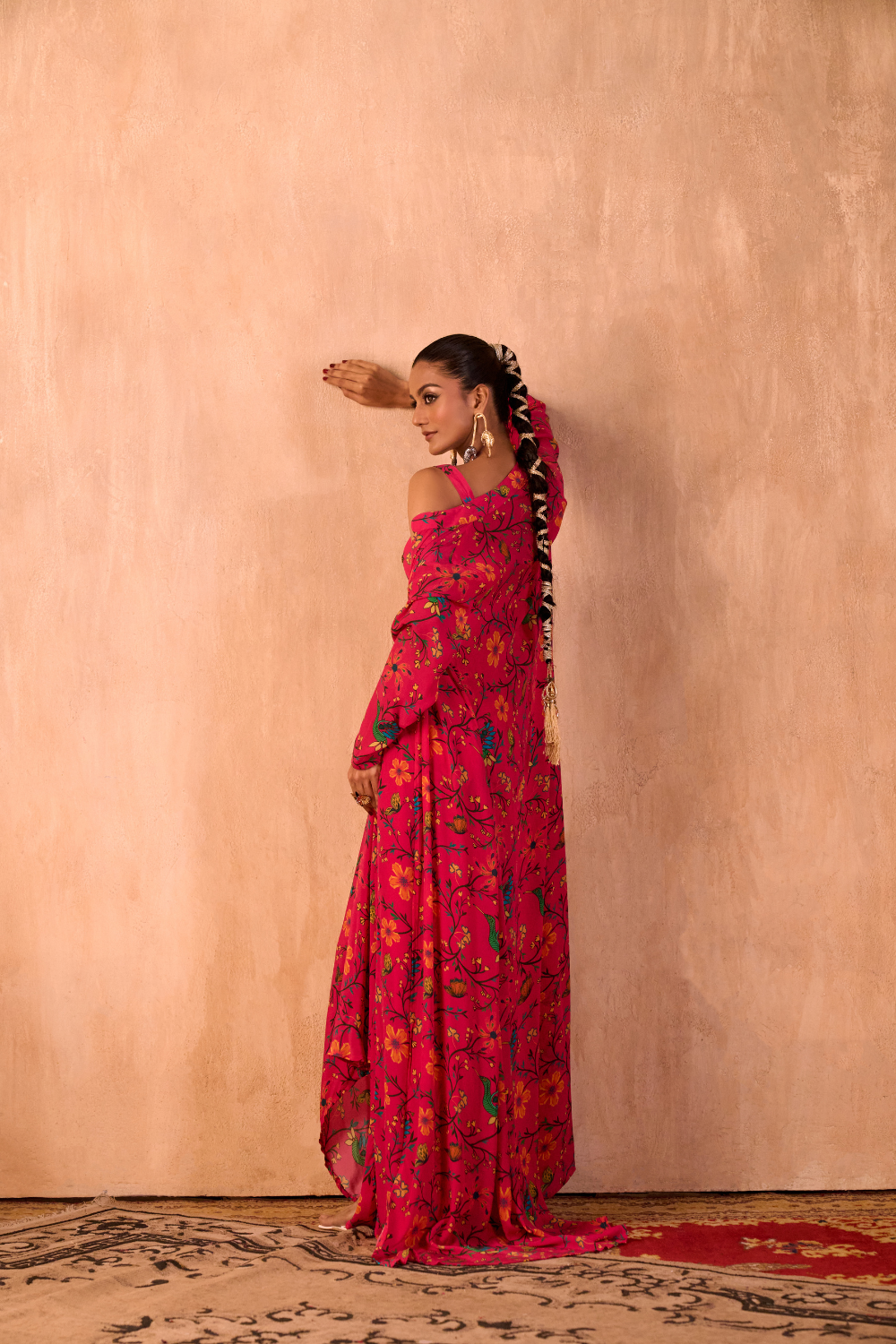 PINK PRINT EMBROIDERED CHOLI, DRAPED SKIRT AND JACKET SET