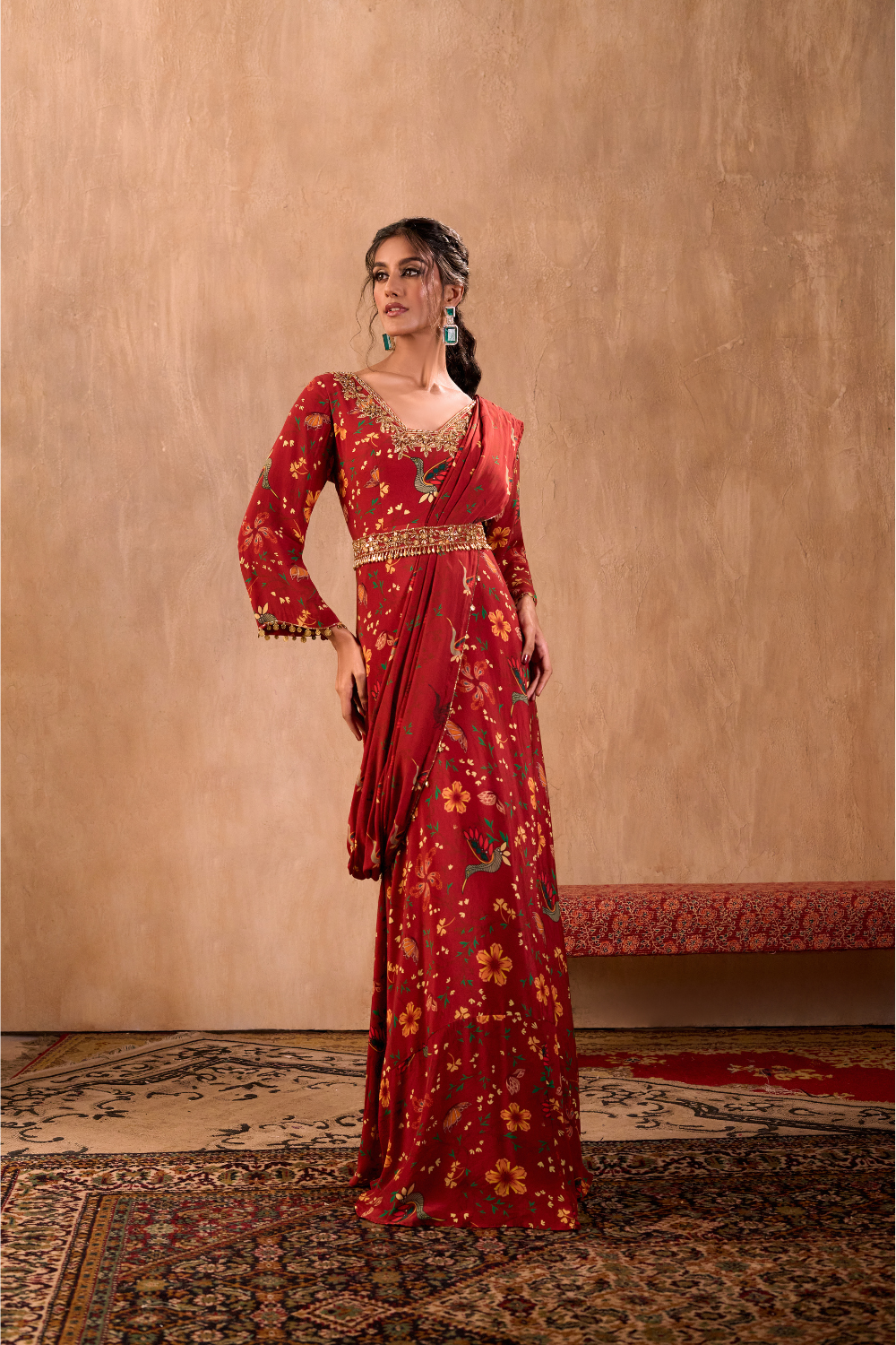 RED PRINT EMBROIDERED ANARKALI WITH DRAPE AND BELT SET