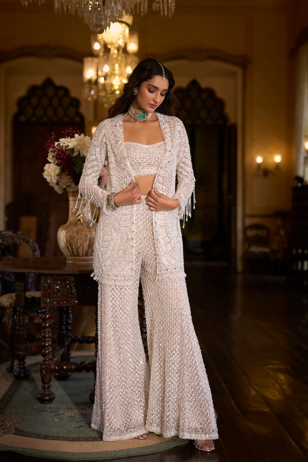 White Sequin Jacket Sharara Pant  Set
