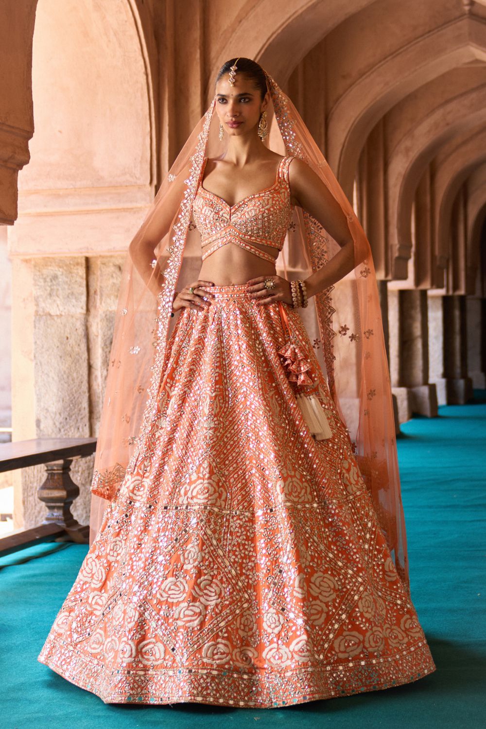SURAJ — Orange Raw Silk Lehenga Set