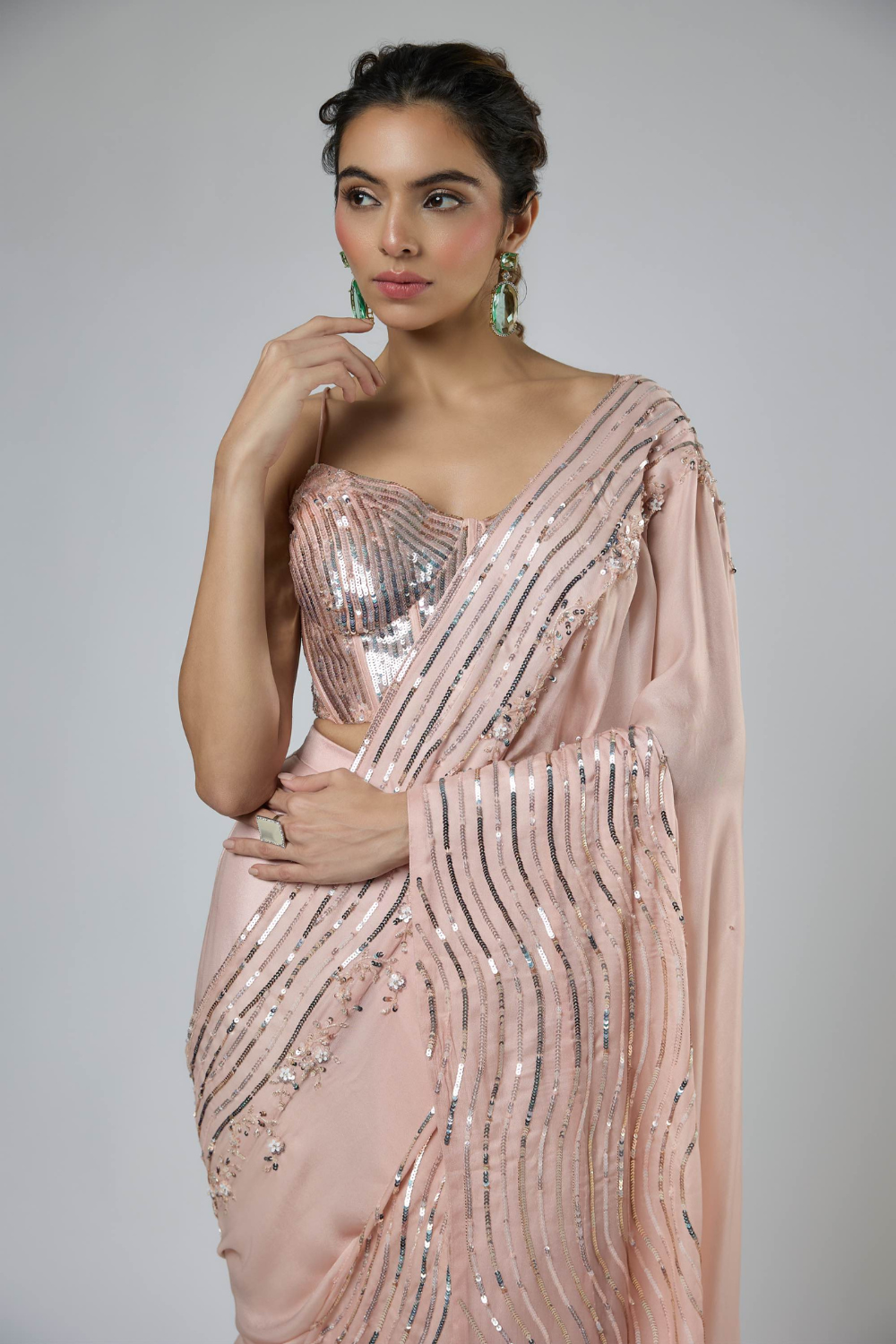 DARK PEACH INTRICATE EMBROIDERED SAREE SET