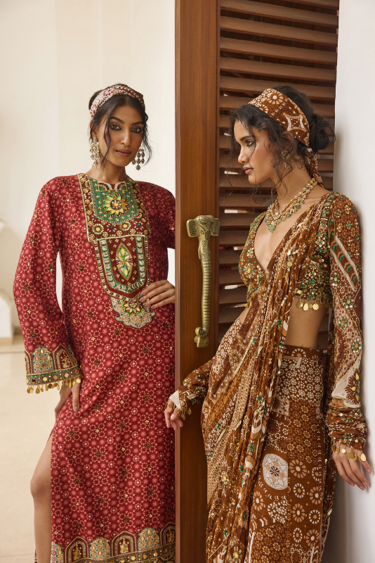 SAGE-MAROON PRINT AND HIGHLIGHTED  KAFTAN