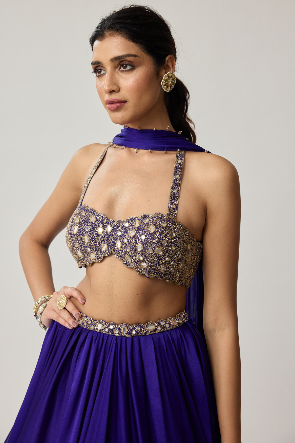 Persian Blue Mirror Satin Lehenga Set