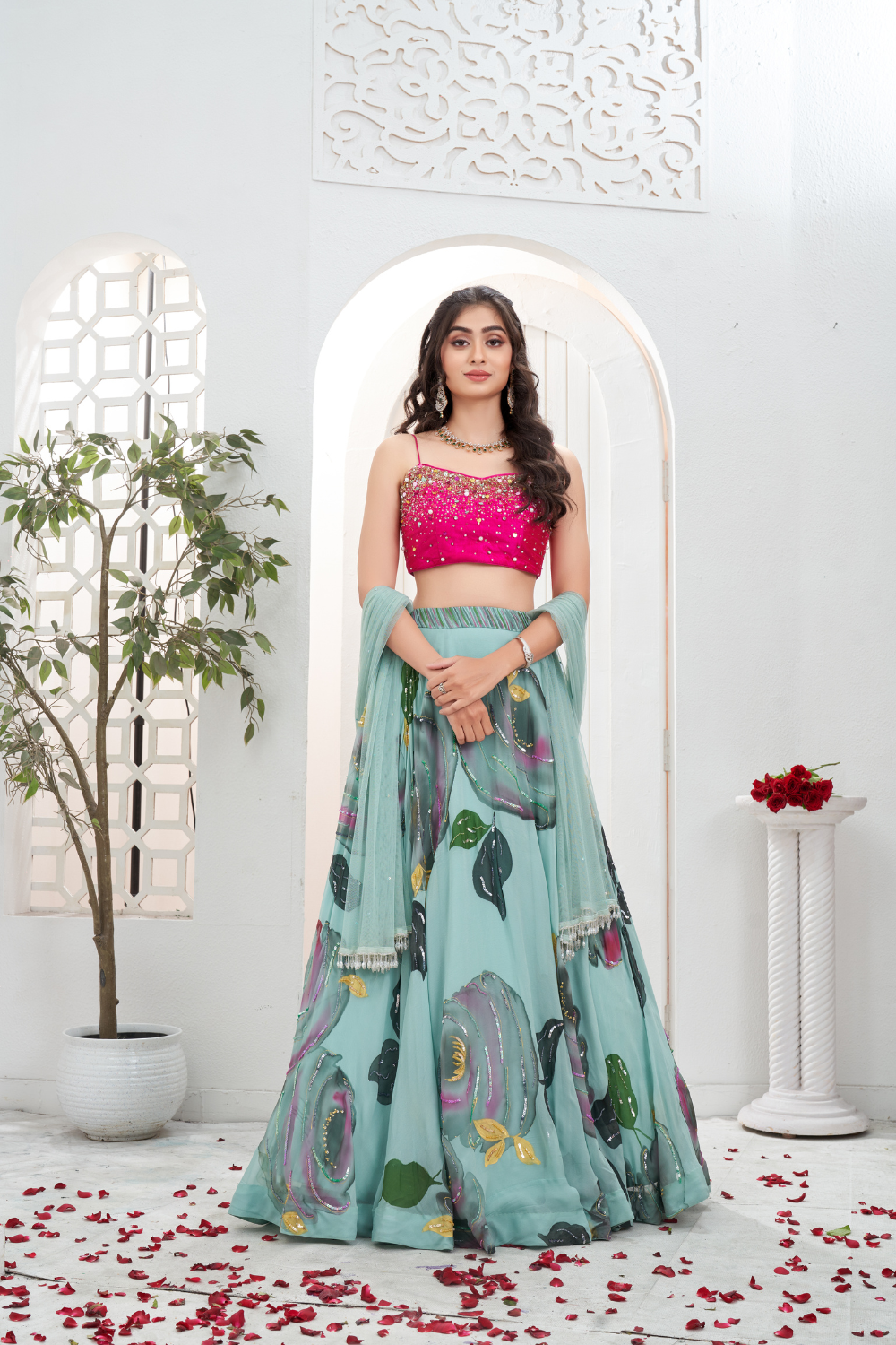 Dusty Blue hand painted lehenga with Pink embroidered bustier set
