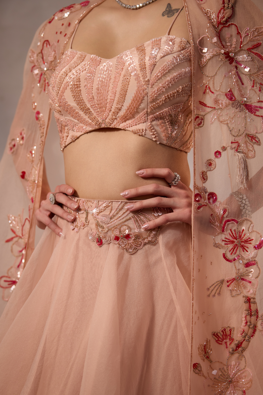 Powder Pink Embroidered Lehenga Set  with cape -set of 3