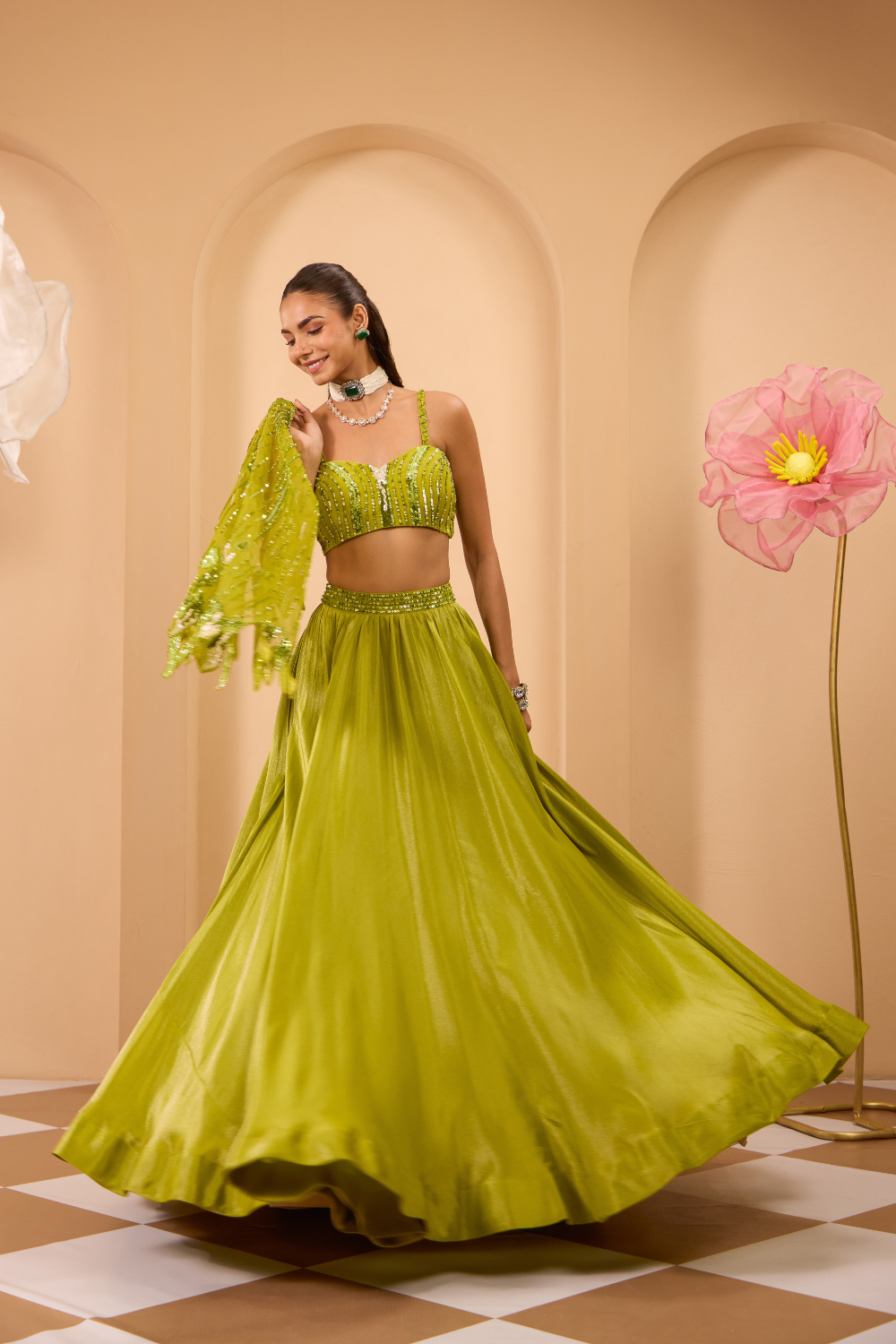 Green Hand Embroidered Blouse W/Lehenga & Cape