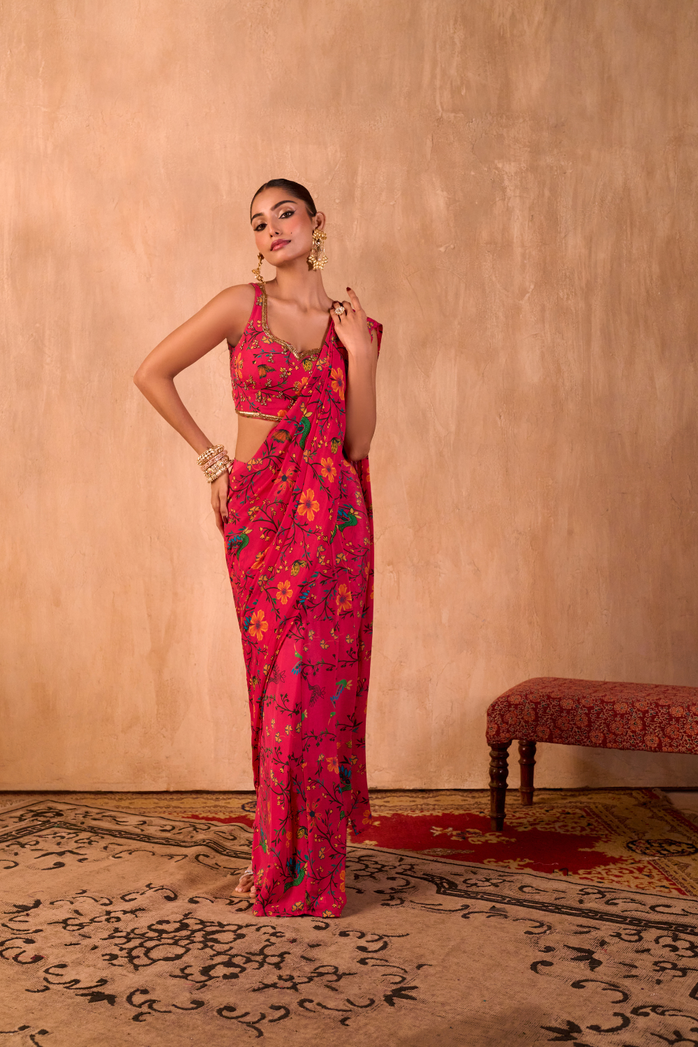 PINK PRINT EMBROIDERED CHOLI WITH PRE-DRAPED SARI SET