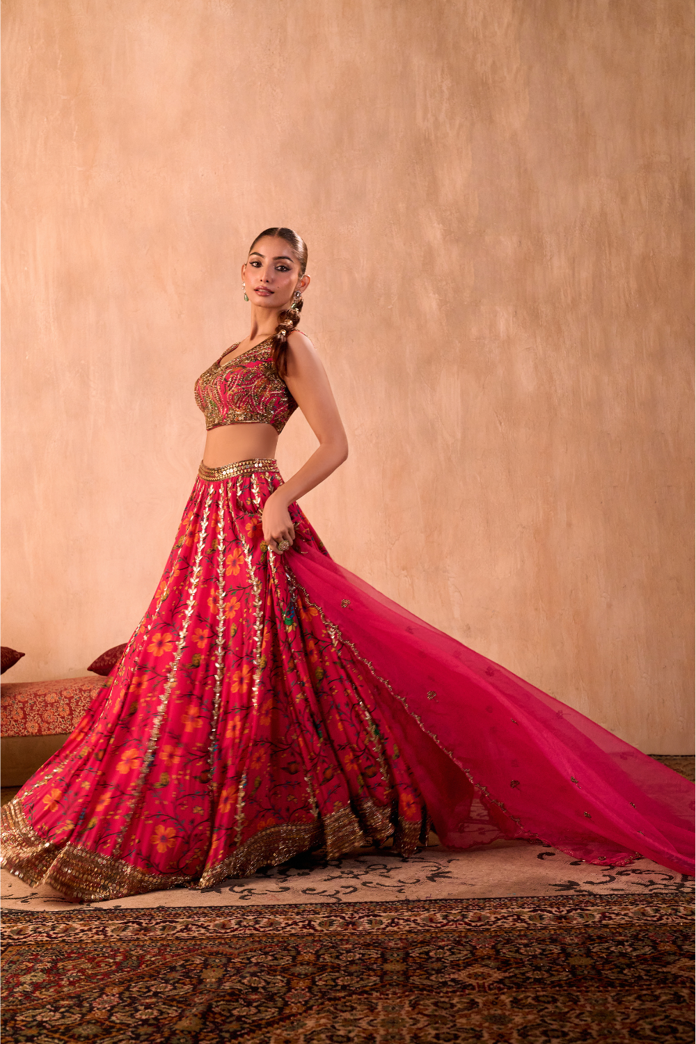 PINK PRINT EMBROIDERED CHOLI, LEHENGA AND DUPATTA SET
