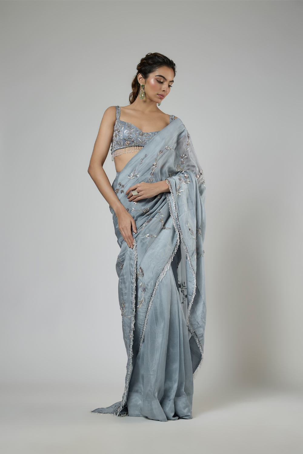 PERIWINKLE INTRICATE FLORAL EMBROIDERED SAREE SET