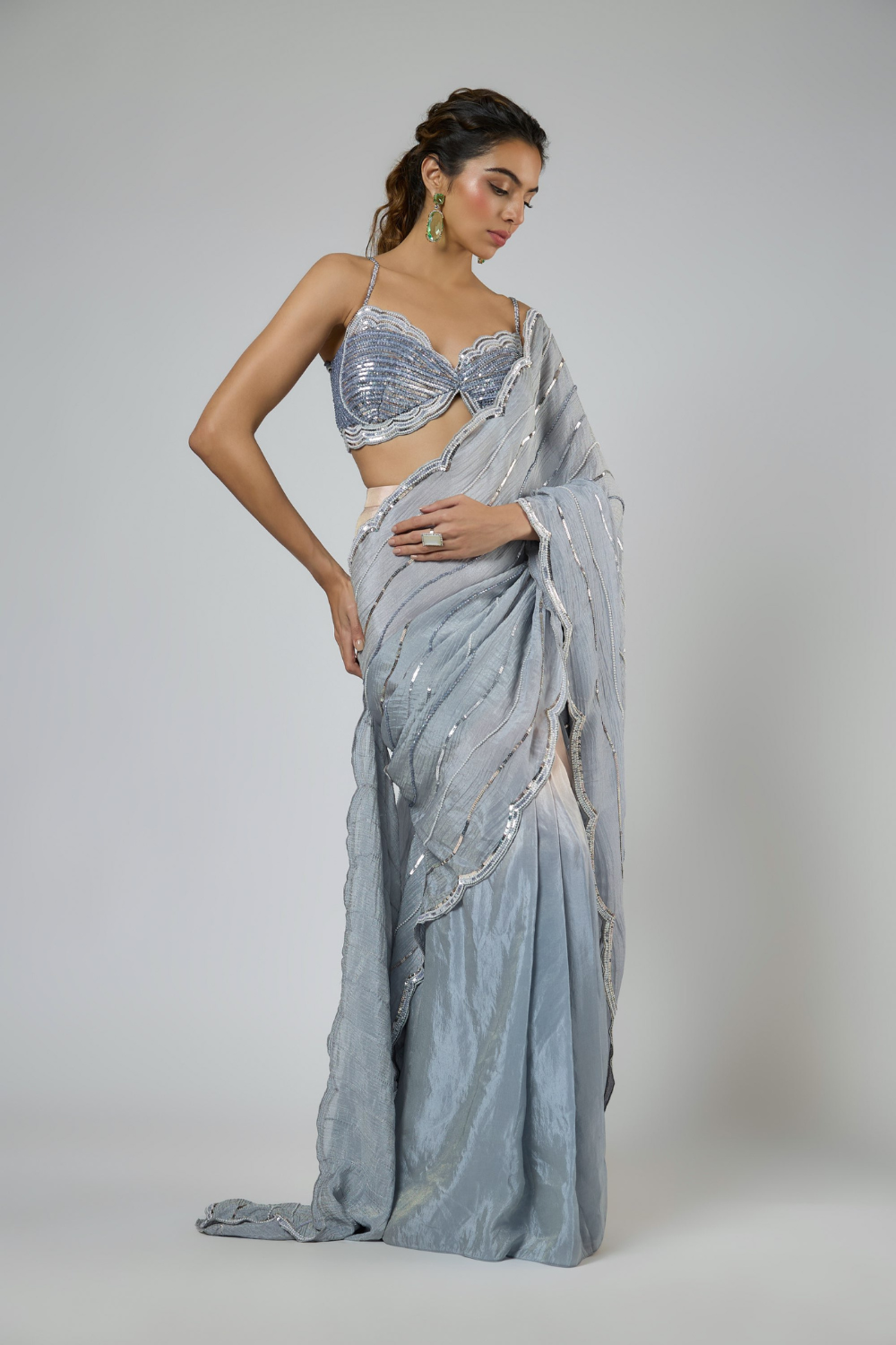 PERIWINKLE SCALOP CUTWORK EMBROIDERED SAREE SET