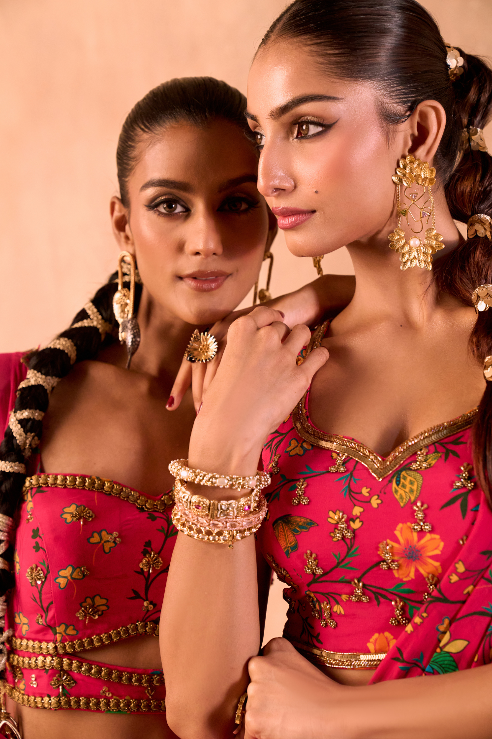PINK PRINT EMBROIDERED CHOLI, DRAPED SKIRT AND DUPATTA SET