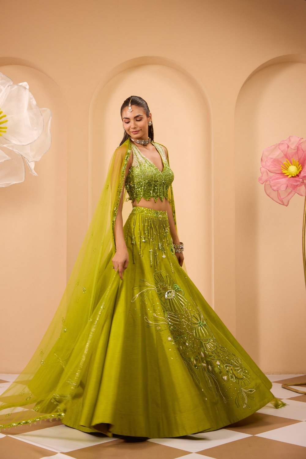 Hand Embroidered  V Neckline Blouse with Lehenga & Dupatta