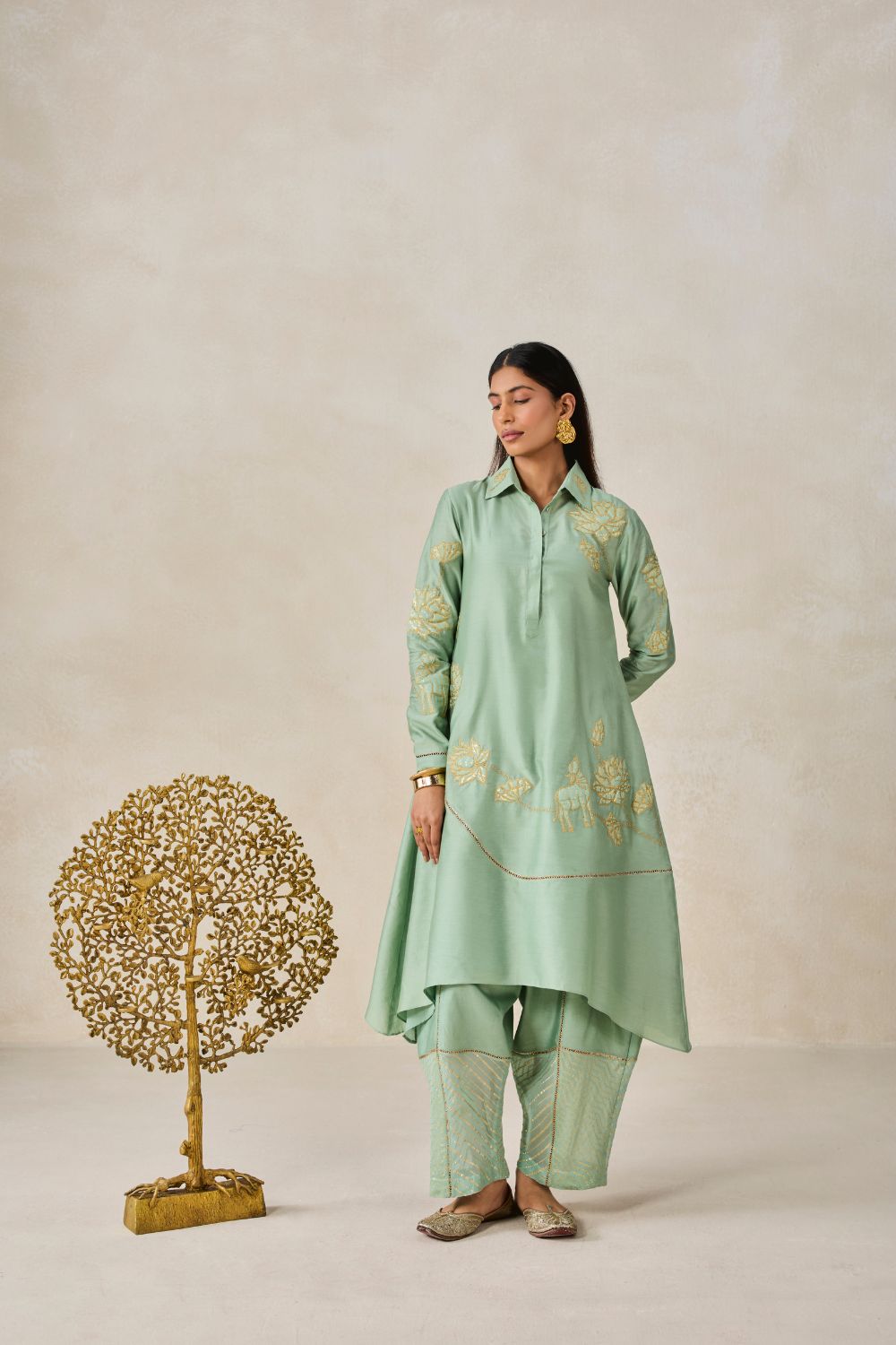Chanderi Assmmetrical Kurta With Pant Set