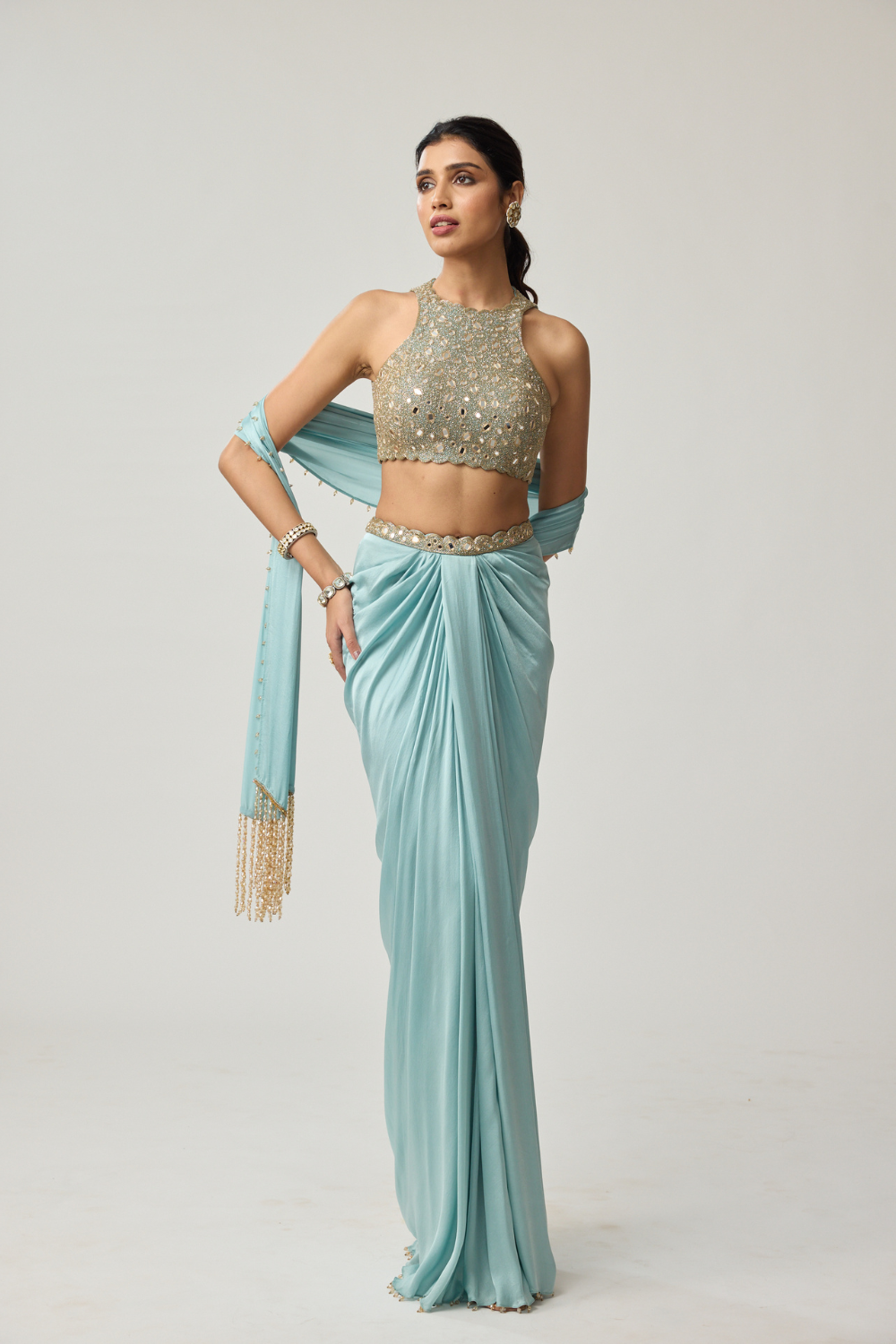 Powder Blue Mirror Satin draped skirt Set