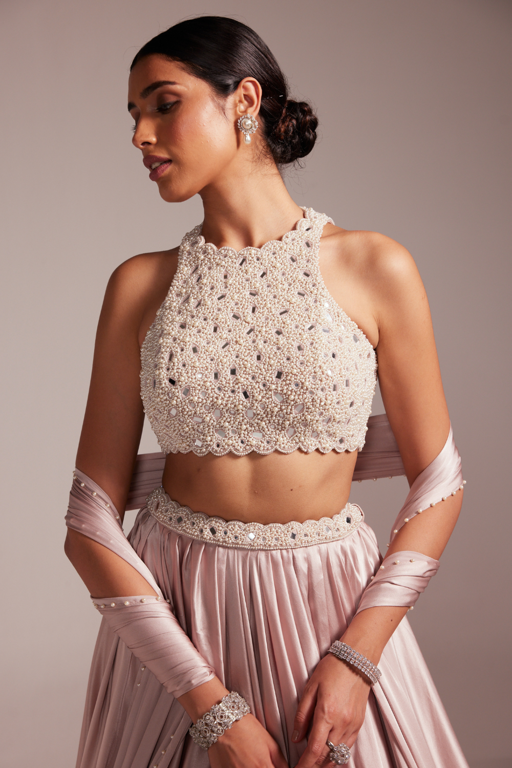 Ash Pink Satin skirt Set