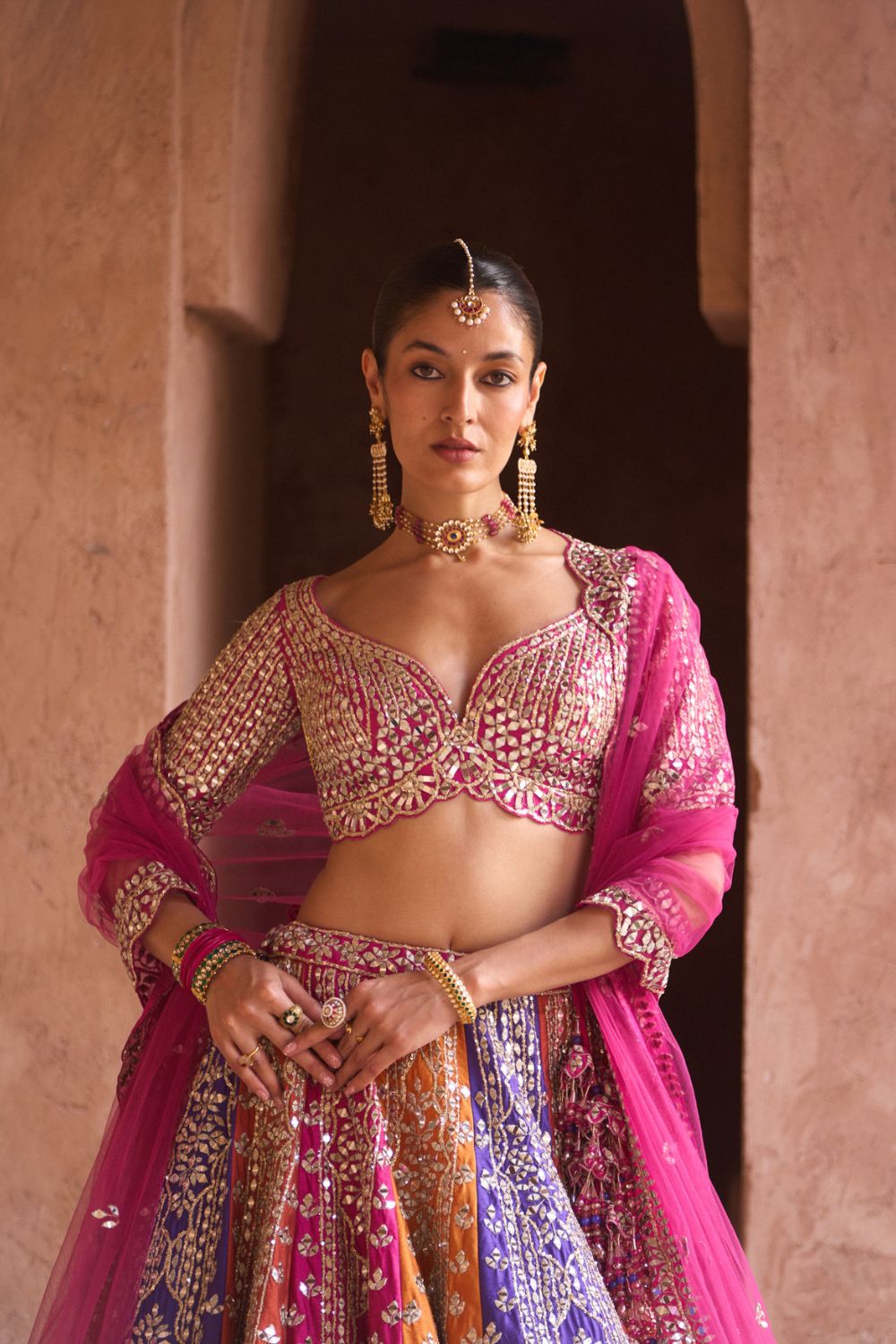 PRISM — Multicolored Raw Silk Lehenga Set with Contrast Blouse