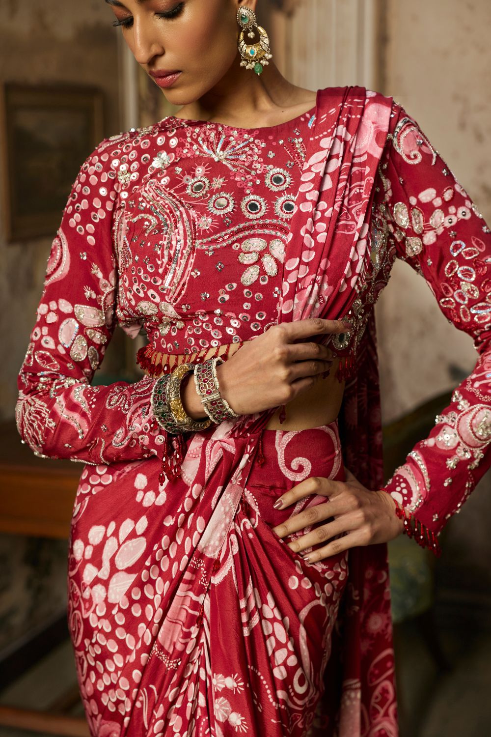 SCARLET RED PRINTED AND HIGHLIGHTED DHOTI SKIRT SAREE SET