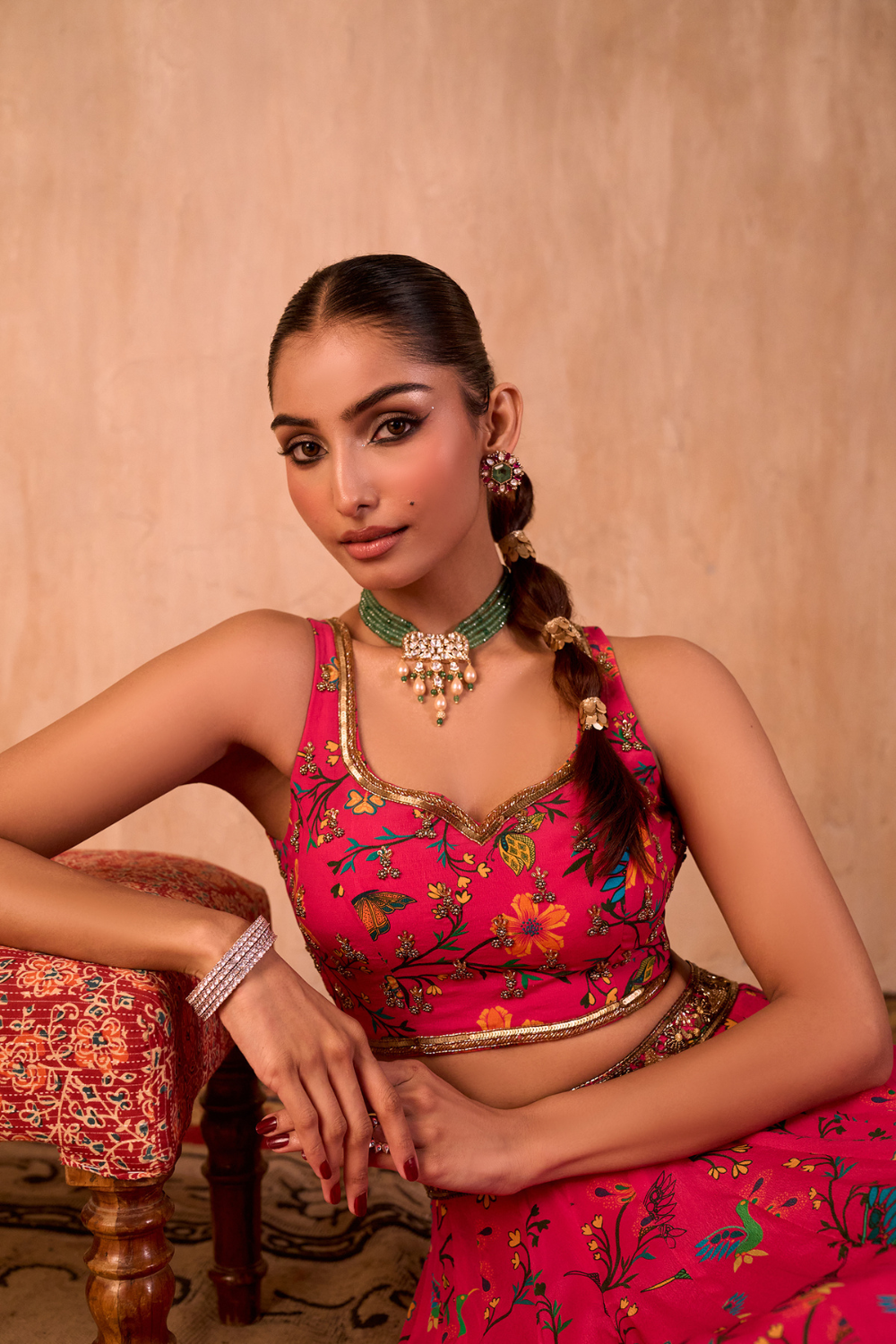 PINK PRINT EMBROIDERED CHOLI, LEHENGA AND DUPATTA SET