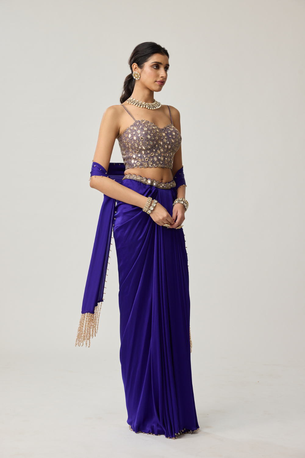 Persian Blue Mirror Corset Satin draped skirt Set