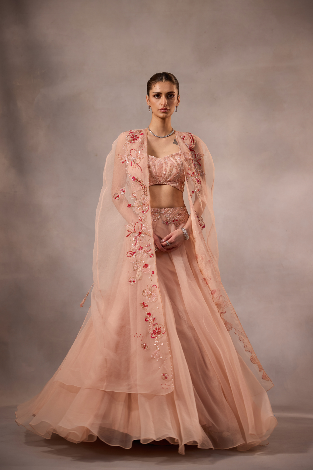 Powder Pink Embroidered Lehenga Set  with cape -set of 3