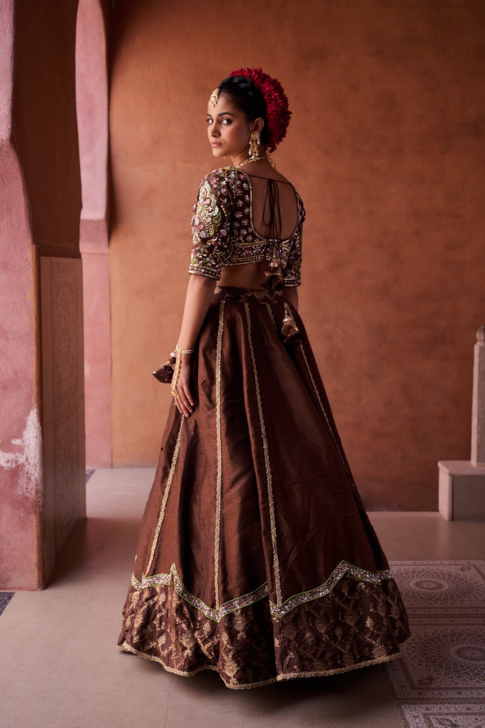 Brown upada silk blouse, lehenga and organza dupatta