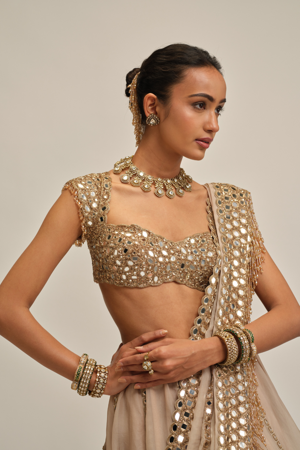 Light Beige Mirror Linear Embroidered Lehenga Set