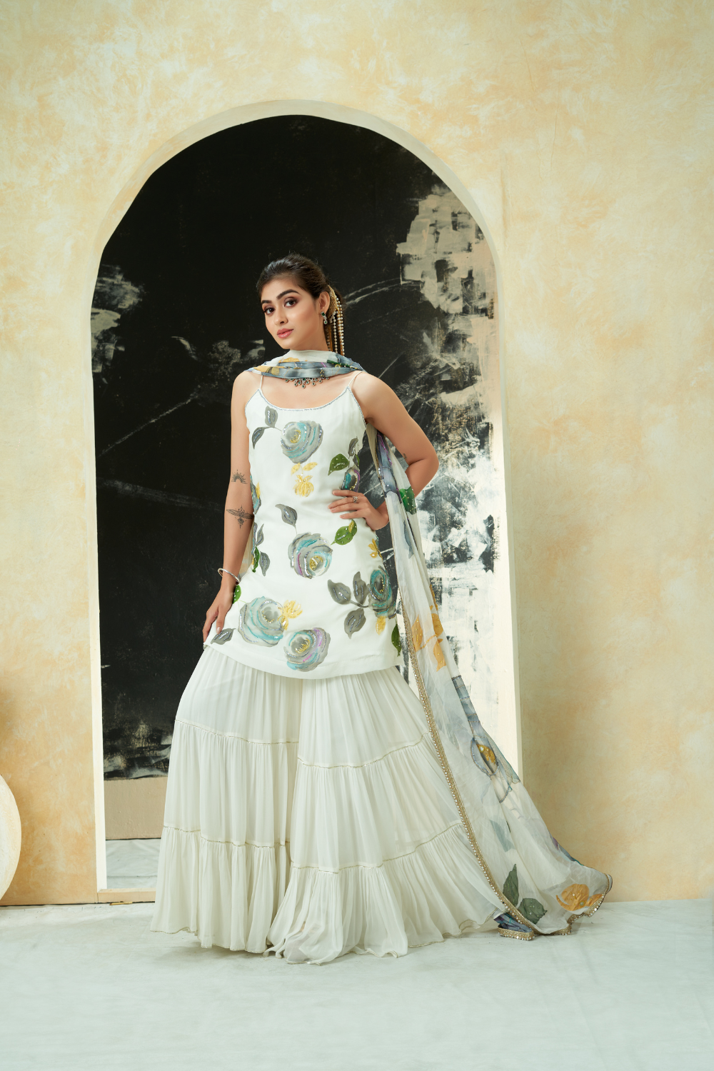 Ivory hand painted slip kurta and sharara set