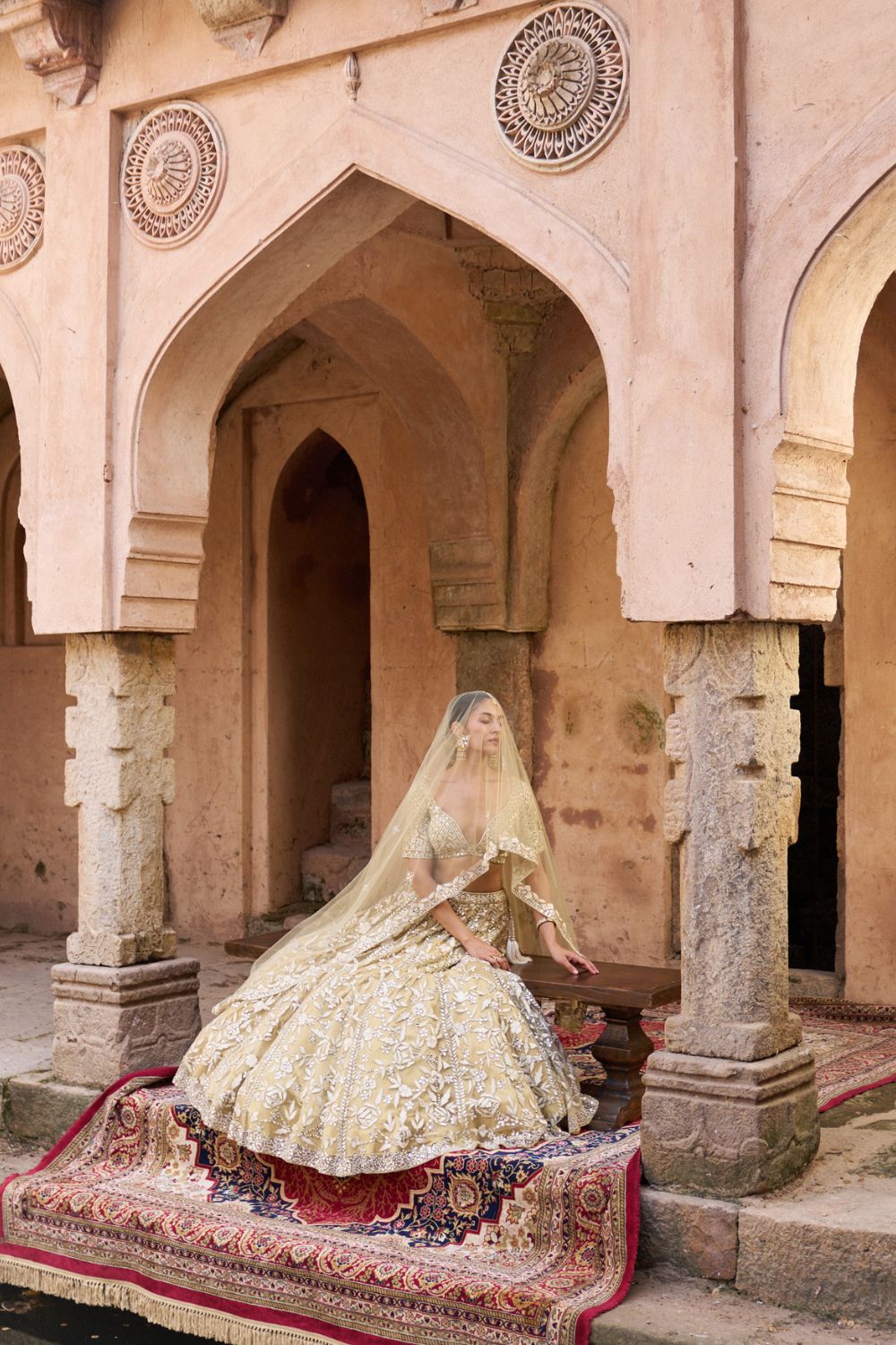 BASANT —  Golden Beige Net Lehenga Set