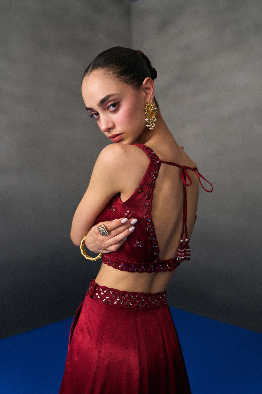 Maroon Satin Silk Skirt Set