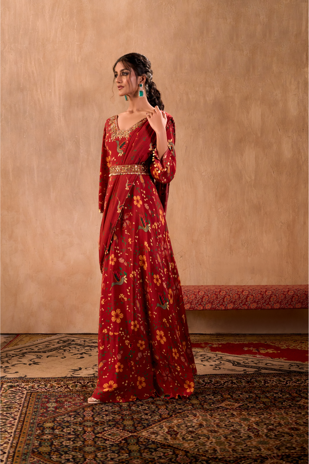 RED PRINT EMBROIDERED ANARKALI WITH DRAPE AND BELT SET