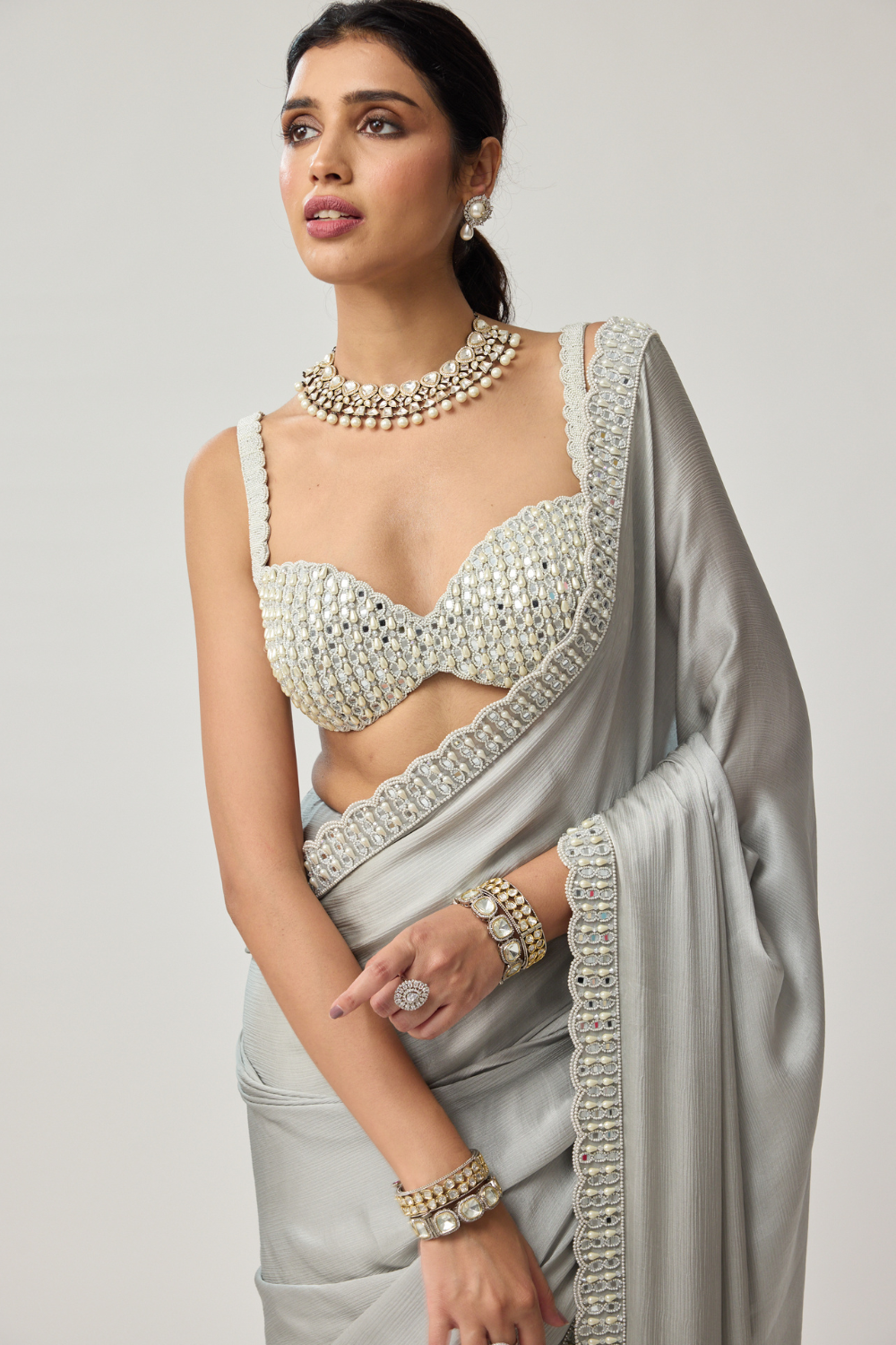 Powder Grey Chiffon Pearl and Mirror saree set