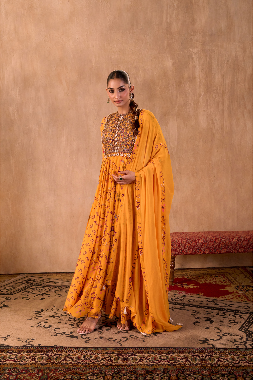 YELLOW PRINT EMBROIDERED ANARKALI AND DUPATTA SET